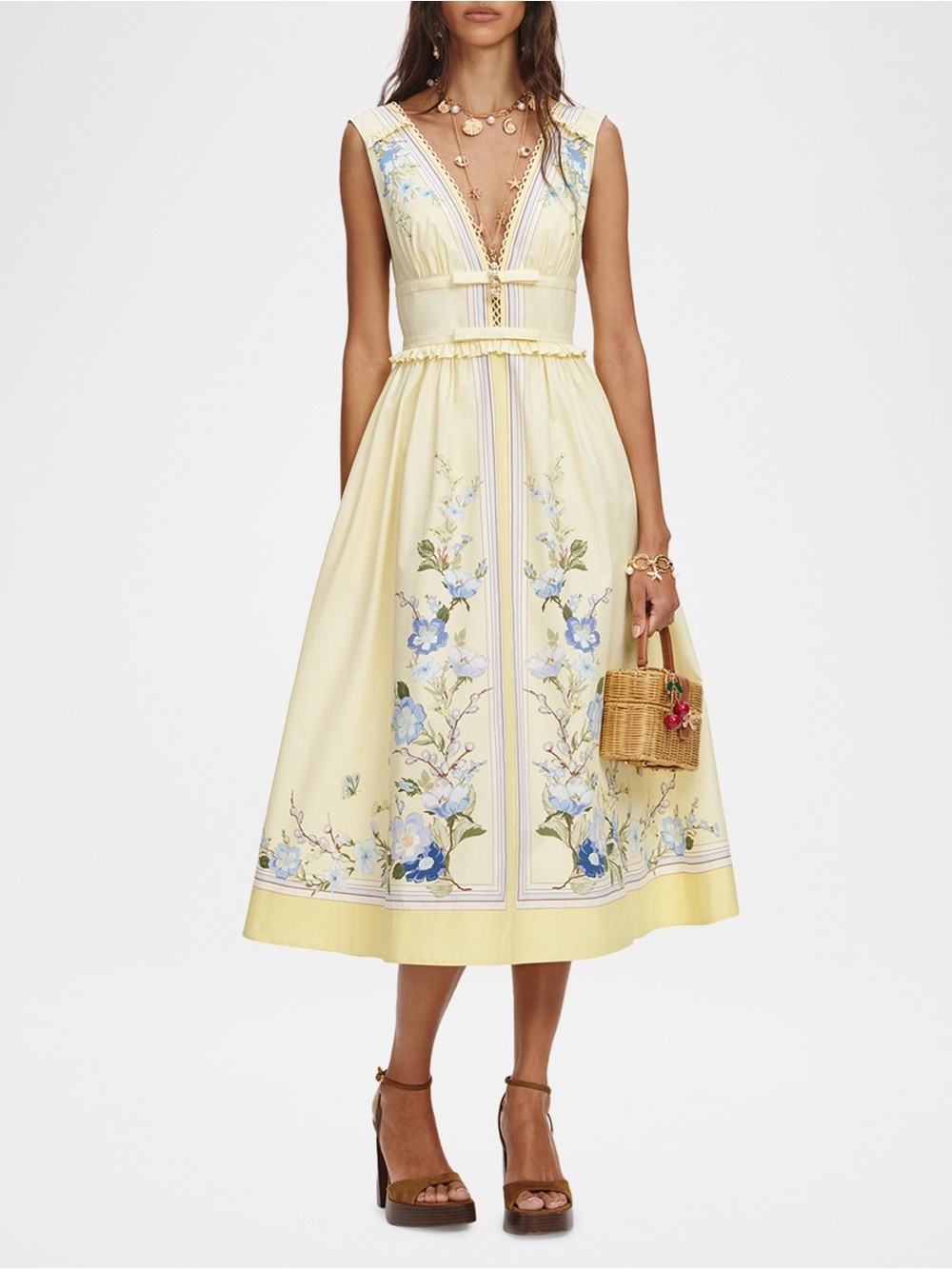 Self-Portrait Yellow Floral V-Neck Midi Dress with Blue Accents
